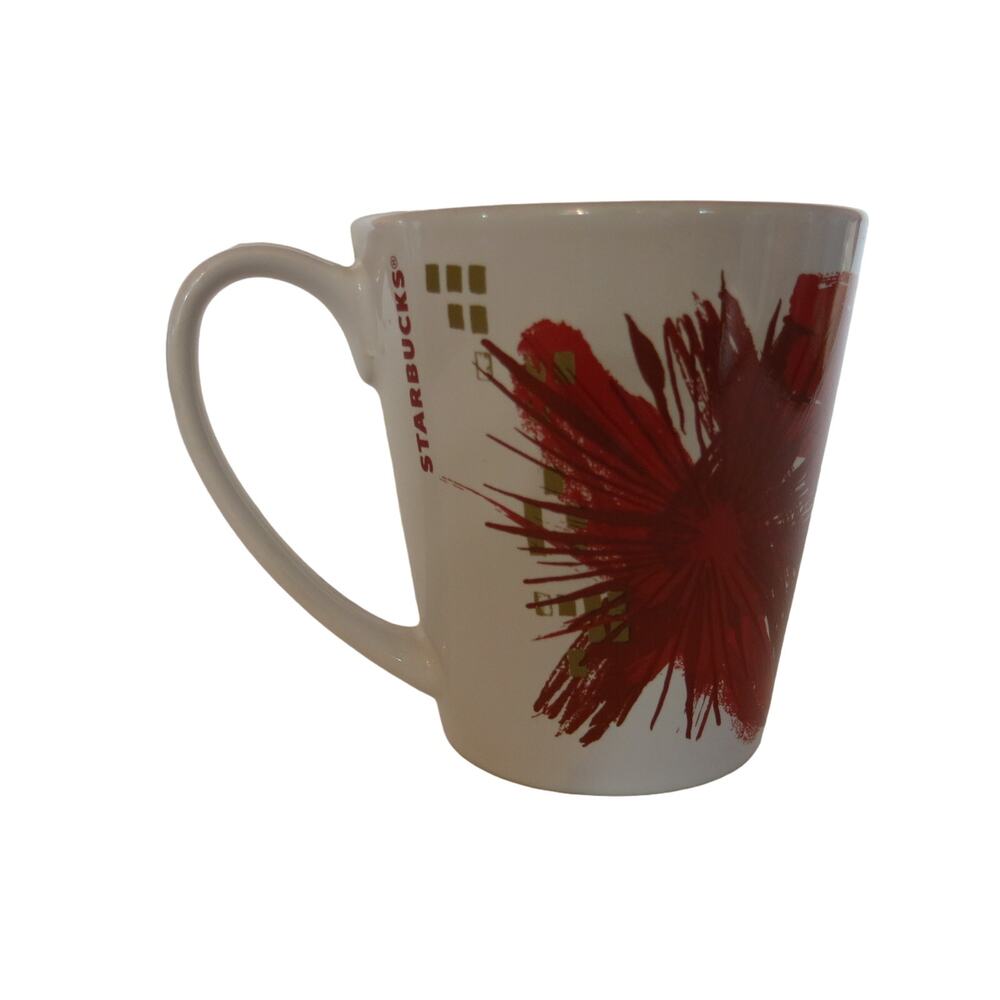 STARBUCKS Holiday Christmas Mug Red Gold Flower Coffee Tea Mug 2014 Winter